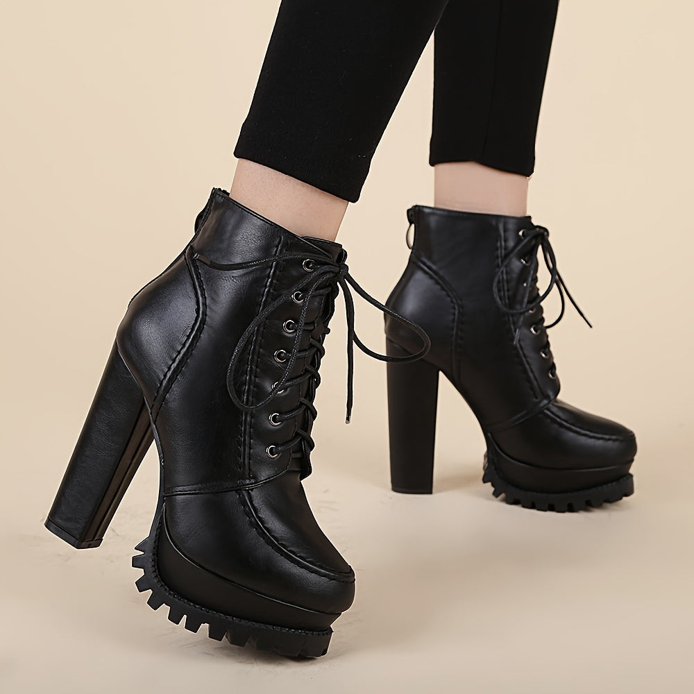 Fashion Ankle Booties for Women - Round Toe Lace-Up Block Heel Boots, Solid Color, Man-Made Upper, Fabric Lining, Rubber Sole, Fabric Insole, with Waterproof Platform - For Women - Suitable for All Seasons - Perfect Gift for